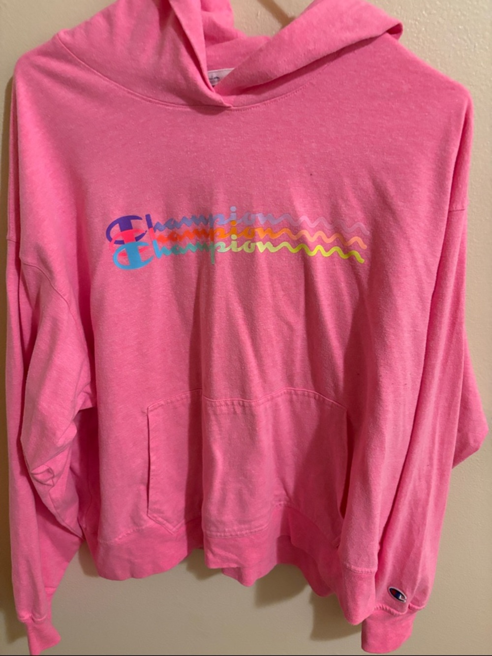 Champion Pink Hoodie with Rainbow Script